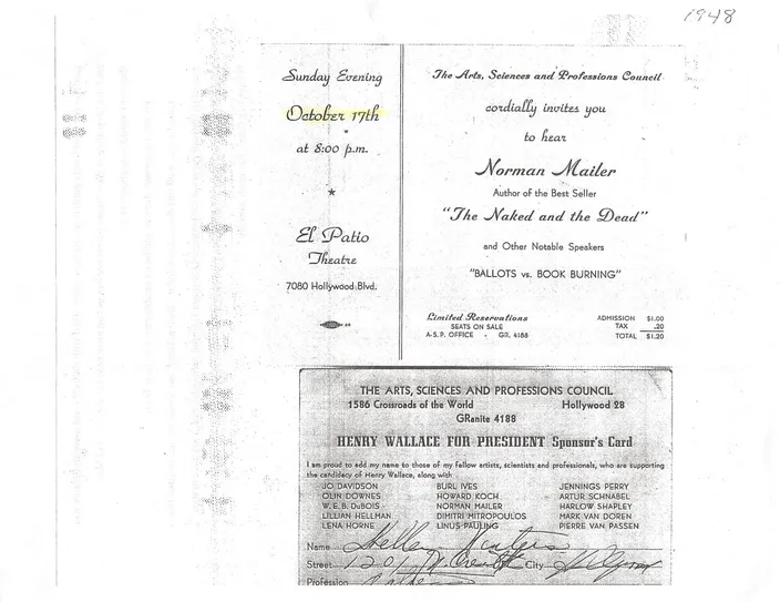 Invitation/program for the October 1949 Arts, Sciences and Professions Council panel featuring Norman Mailer