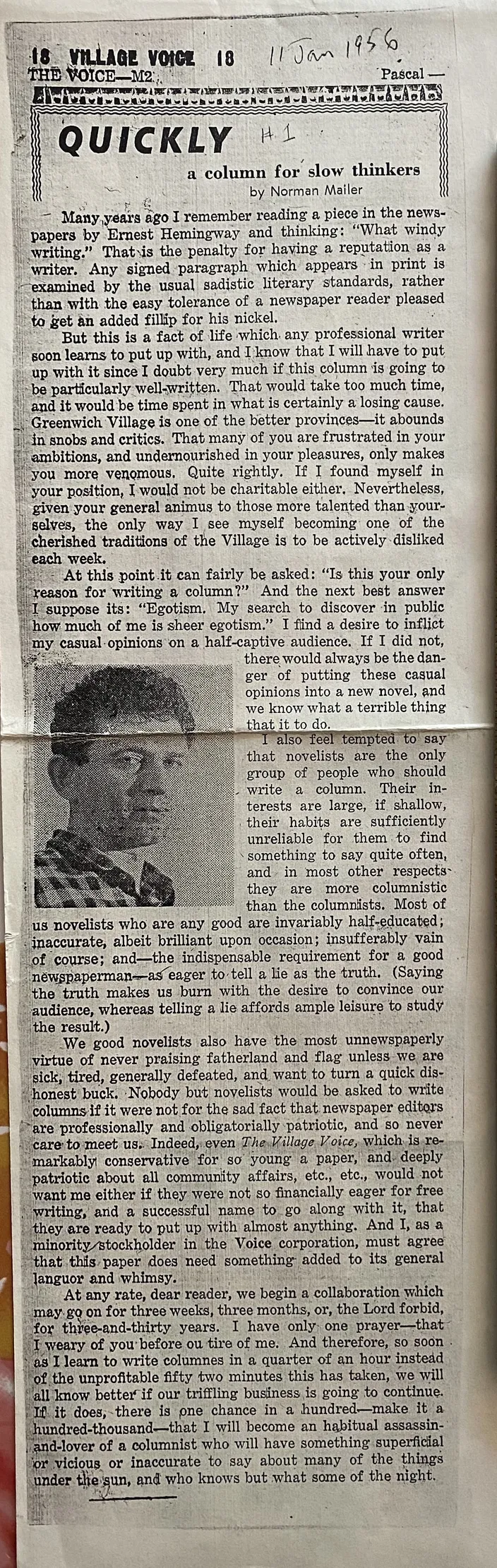 Mailer's first "Quickly" column, The Village Voice, 11 January 1956, p. 5