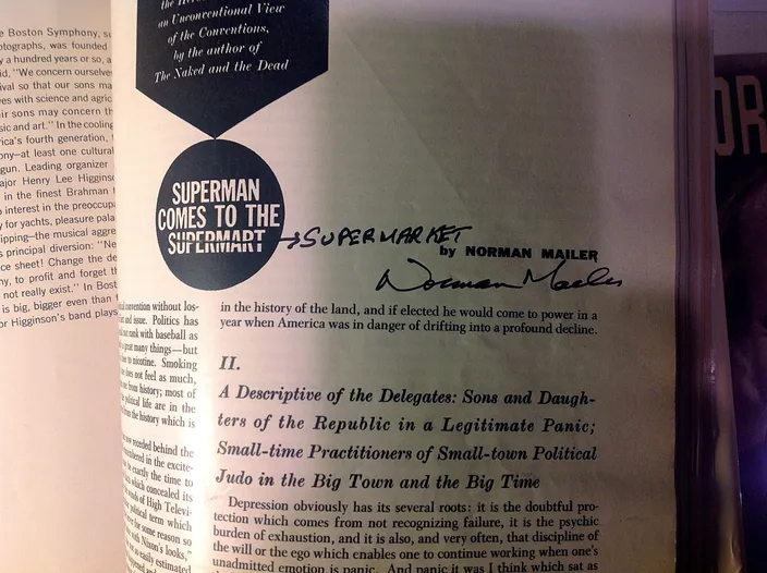 Mailer's hand-corrected copy of the Esquire first printing — "Supermart" struck through to "Supermarket," signed "Norman Mailer"