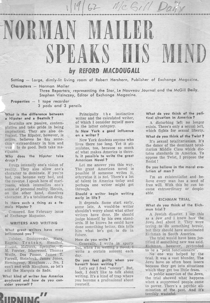 McGill Daily clipping: "Norman Mailer Speaks His Mind," 19 January 1962
