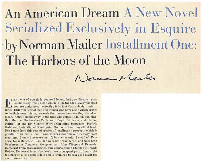 Title and opening paragraph of An American Dream installment one, Esquire, January 1964