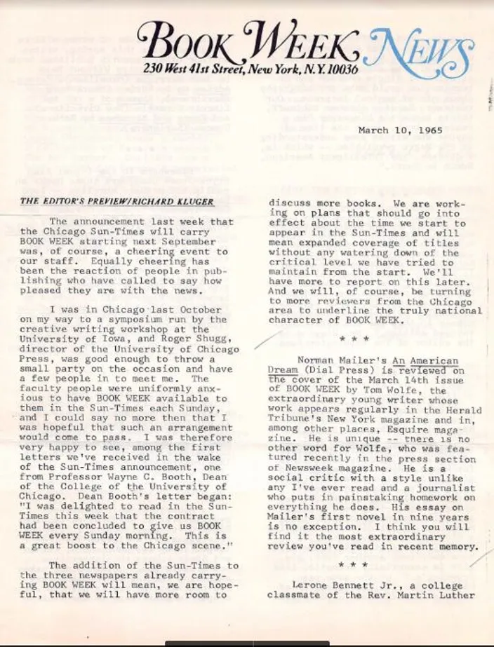 Book Week notice for Tom Wolfe's forthcoming An American Dream review, 1965