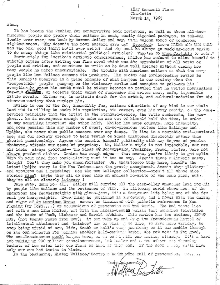 William Trotter's letter in support of Mailer, 14 March 1965