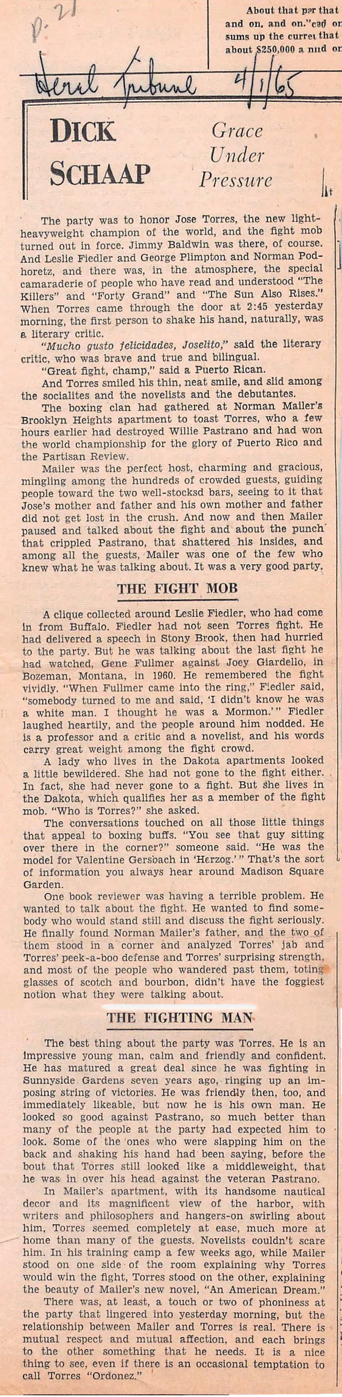 Dick Schaap, "Grace Under Pressure," New York Herald Tribune, 1 April 1965, on Mailer's party for José Torres