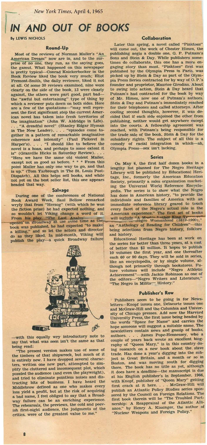 Lewis Nichols, "In and Out of Books," New York Times Book Review, 14 March 1965