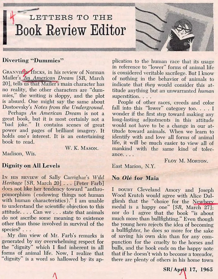 W. K. Mason's letter "Diverting 'Dummies'" to the Saturday Review, 17 April 1965