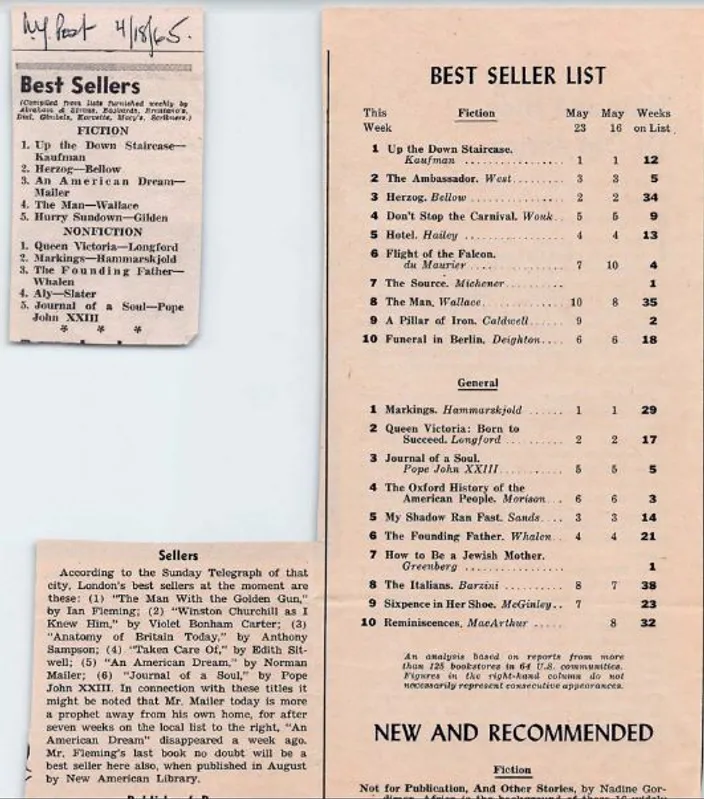 New York Times best-seller list, 18 April 1965 — An American Dream at No. 3