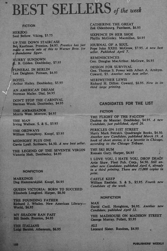 Best-seller list in Publishers Weekly, May 1965 — An American Dream at No. 6