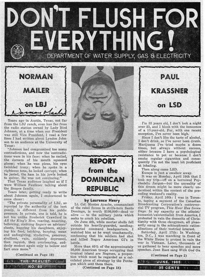 Front page of The Realist no. 60 (June 1965), carrying "Norman Mailer on LBJ"