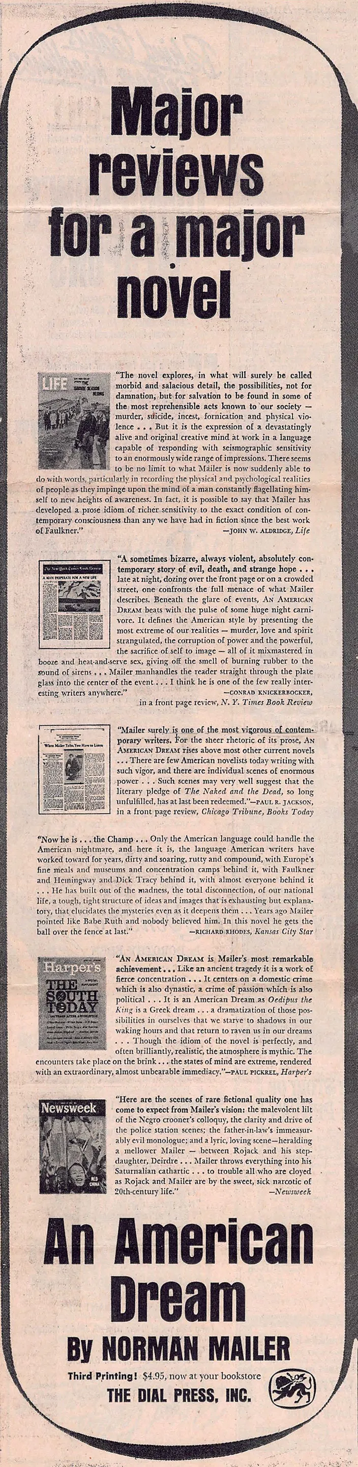 Dial Press advertisement, "Major Reviews for a Major Novel," New York Times, 1965