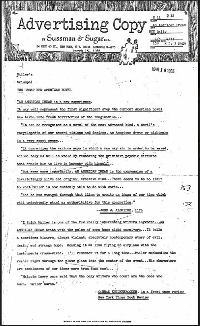 Dial Press advertising copy (Sussman & Sugar) for the New York Times daily, quoting Aldridge, Knickerbocker, Pickrel, and Newsweek