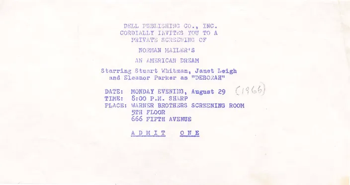 Invitation to a screening of the An American Dream film, 29 August 1966