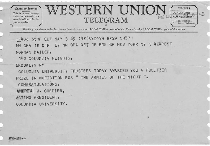 Western Union telegram, 5 May 1969 — Columbia's Acting President Andrew W. Cordier notifying Mailer of the Pulitzer Prize for The Armies of the Night