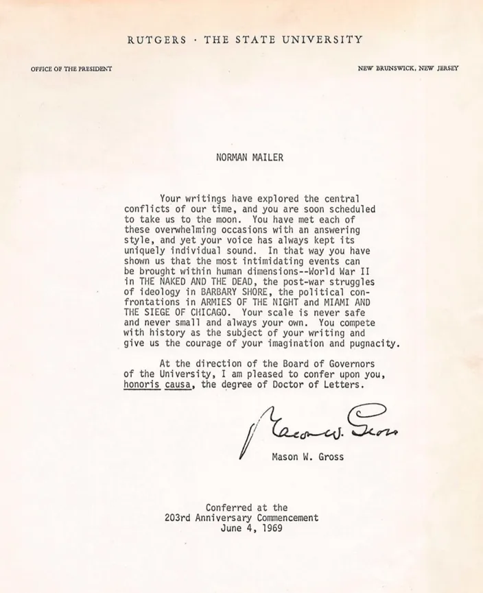 Norman Mailer receiving an honorary doctorate at Rutgers, 4 June 1969
