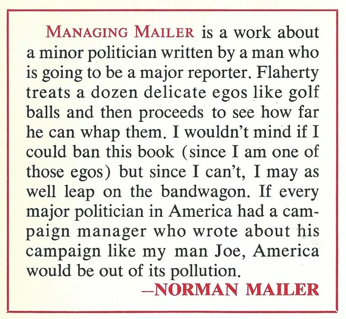 Mailer's cover-flap blurb for Managing Mailer