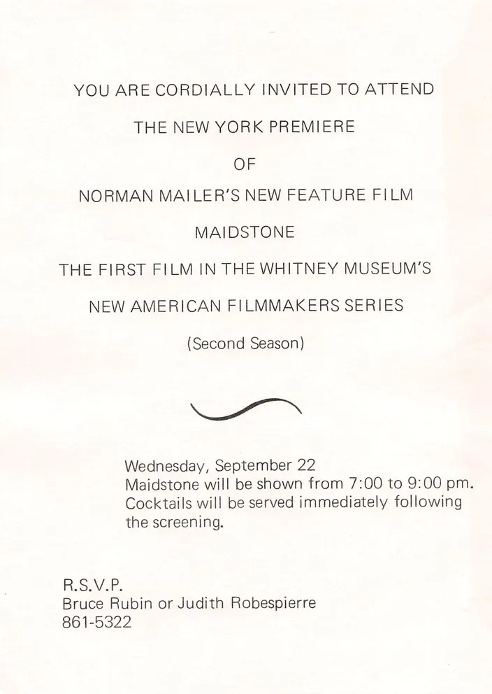 Invitation to the New York premiere of Maidstone, Whitney Museum, 22 September 1970