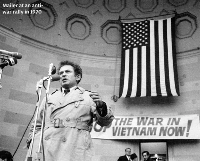 Norman Mailer at an anti-war rally, 1970