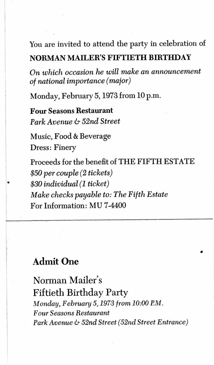 Invitation to the 5 February 1973 party at the Four Seasons