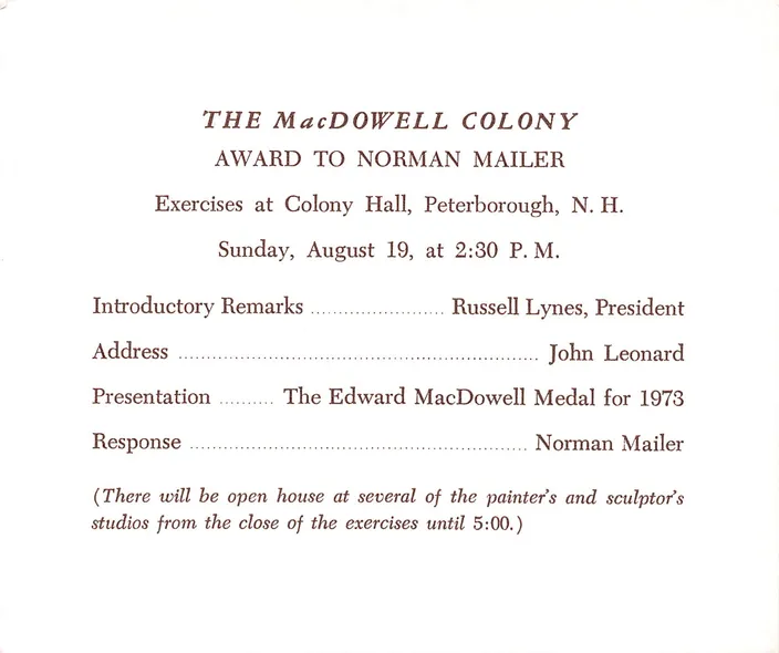 Program for the MacDowell Medal ceremony, 18 August 1973