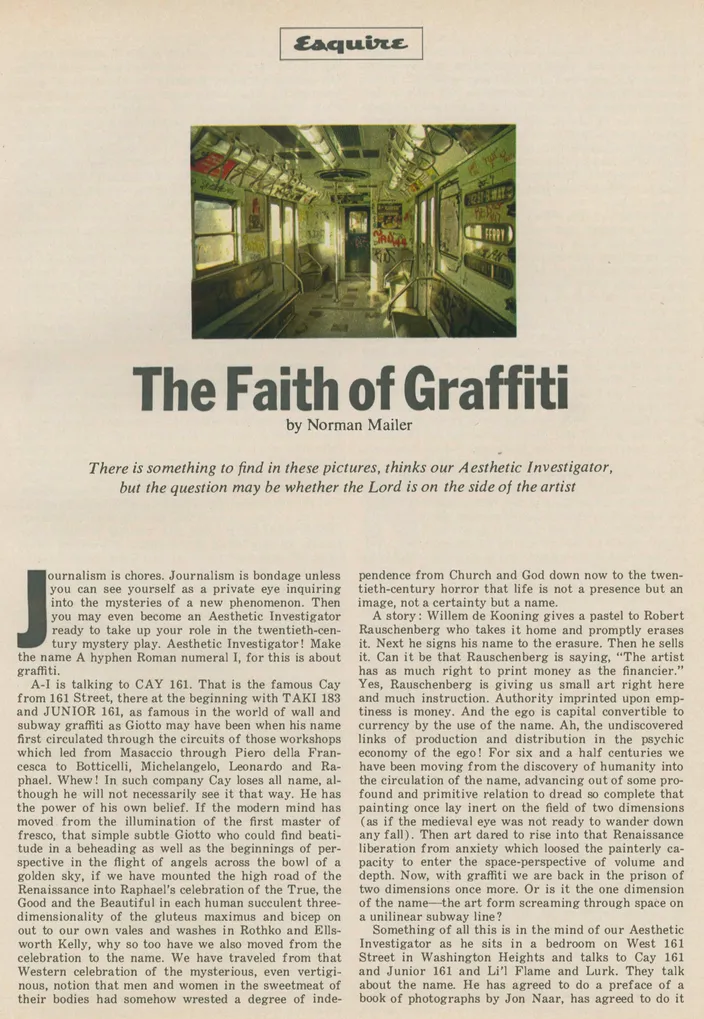 Opening spread of "The Faith of Graffiti," Esquire, May 1974