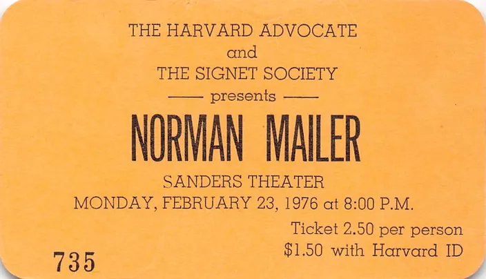 Ticket for the Harvard Advocate / Signet Society event, 23 February 1976