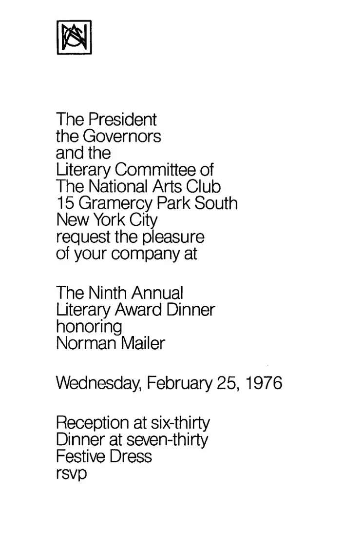 Invitation to the 25 February 1976 National Arts Club dinner