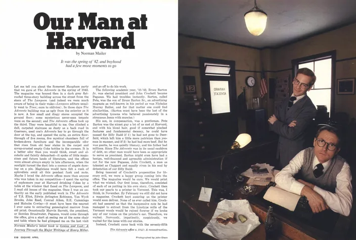 Opening spread of "Our Man at Harvard," Esquire, April 1977