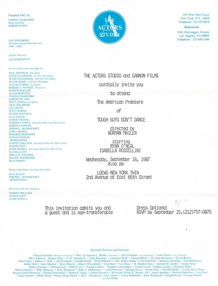 Invitation to the American premiere of Tough Guys Don't Dance, 16 September 1987