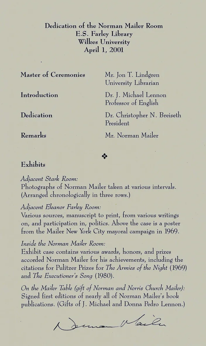 Dedication of the Mailer Room at Wilkes University, 1 April 2001