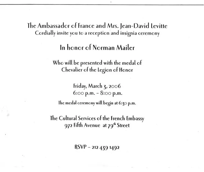 Invitation to the Legion of Honor reception in honor of Norman Mailer, 3 March 2006